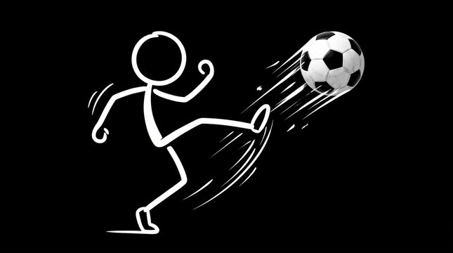Minimalist stick figure kicking a classic soccer ball on a black background, dynamic movement and fun sports game concept