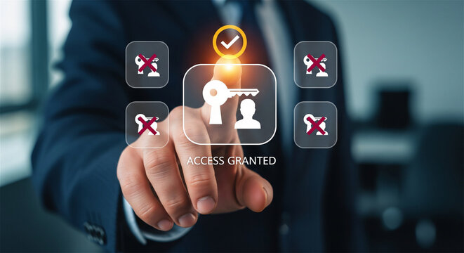 Cybersecurity access granted interface, businessman touching secure key login screen, digital identity verification concept