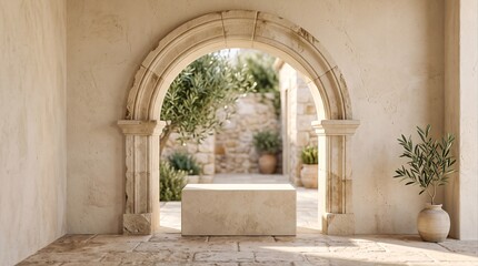 Fototapeta premium Warm Mediterranean architectural interior featuring a limestone archway, minimalist stone pedestal, wooden floor, plants, and natural sunlight.