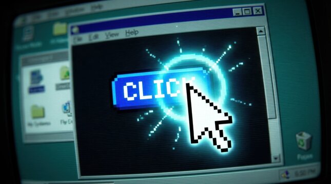Pixel art computer mouse cursor clicking on a blue button with the word click displayed on a retro computer screen