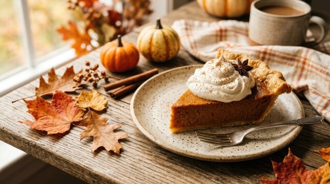 Delicious slice of pumpkin pie with whipped cream and star anise garnish