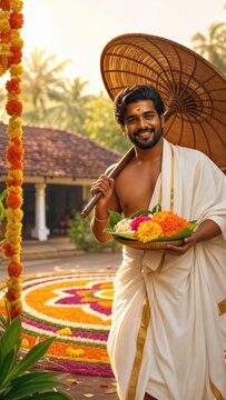 Indian man holding basket of marigold flowers and traditional umbrella during Onam festival. Celebrant in white dhoti standing near floral pookalam carpet. Kerala cultural celebration.