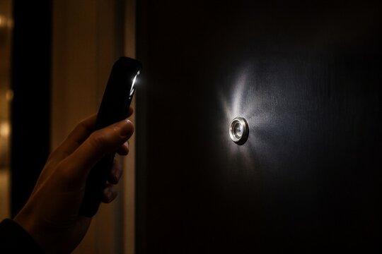 Hand uses flashlight to illuminate peephole on a dark door