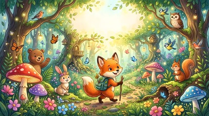 Fototapeta premium Cute Little Fox Exploring a Magical Enchanted Forest – Children's Storybook Illustration