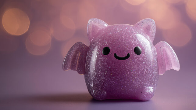 Closeup of a cute purple bat shaped squishy toy made of glittery gel, with tiny wings, ears and a smiling face against a softly blurred Halloween background