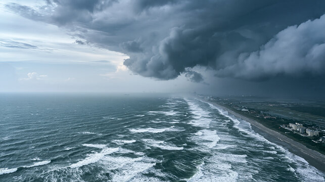Ominous shelf cloud formation looming over Atlantic beach front during severe seasonal weather event.