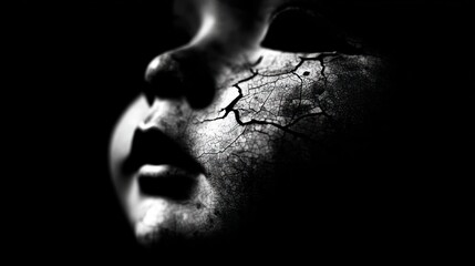 Obraz premium Close up of a cracked doll face in black and white dramatic lighting