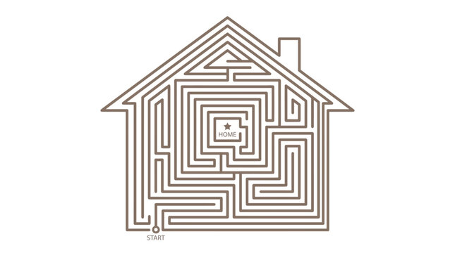 Detailed house shaped maze puzzle with navigation markers.