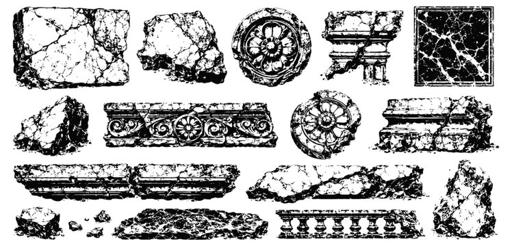 ancient marble texture collection with architectural fragments, classical stone elements, and decorative patterns