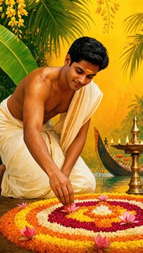 Indian man in traditional dhoti creating flower pookalam for Onam festival. Religious cultural ceremony with oil lamp and floral Rangoli design. Hindu celebration of harvest tradition.