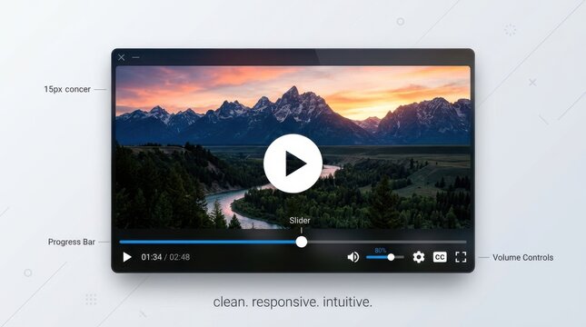 Modern video player interface design with progress bar and play button isolated on a clean white background