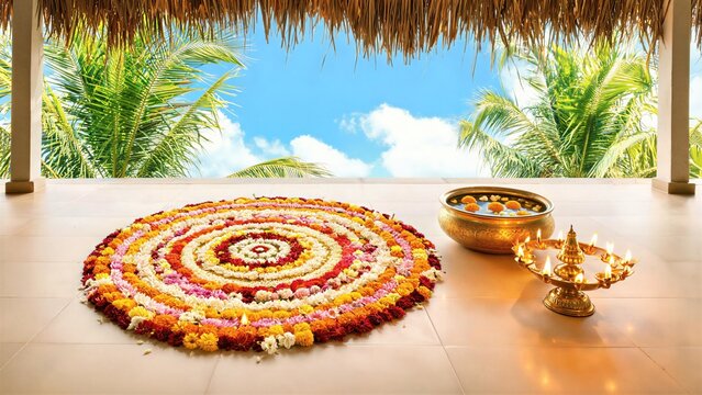 Pookalam flower carpet for Onam festival. Traditional Indian floral rangoli design with glowing brass oil lamp diya and water bowl on a tropical terrace. Culture and celebration.