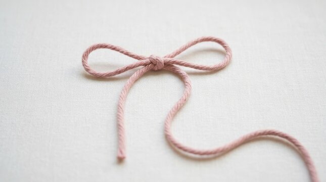 A simple pink bow made from soft cotton string tied in a knot isolated on a clean light textured background for craft