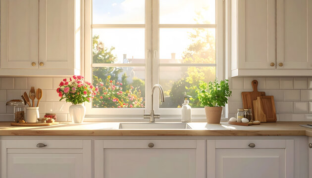 Sunlit kitchen window with soft natural light creating a warm, cozy, inviting home interior atmosphere.
