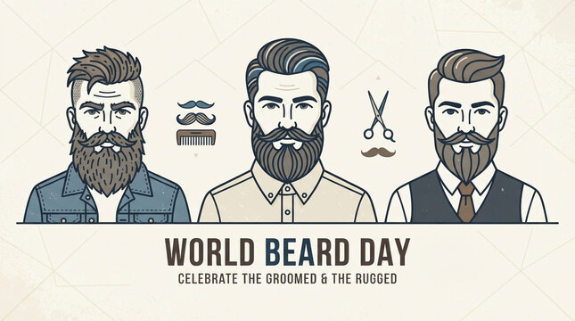World Beard Day celebration, handsome bearded men, hipster barber style, vintage grooming icons, retro mustache set, retro hair design