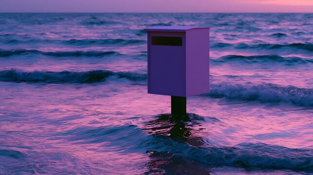 A purple mailbox stands alone in the ocean at twilight  waves gently lapping around its base under a dreamy pink and blue sky