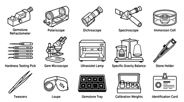 Gemology equipment icons set, 15 professional jewelry testing tool vectors, gemstone identification and laboratory analysis instruments