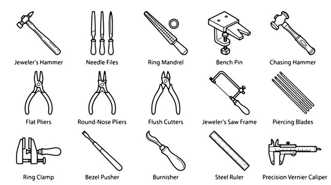 Jewelry making tools collection, 15 professional jeweler equipment icons, goldsmith workshop hand tools vector set