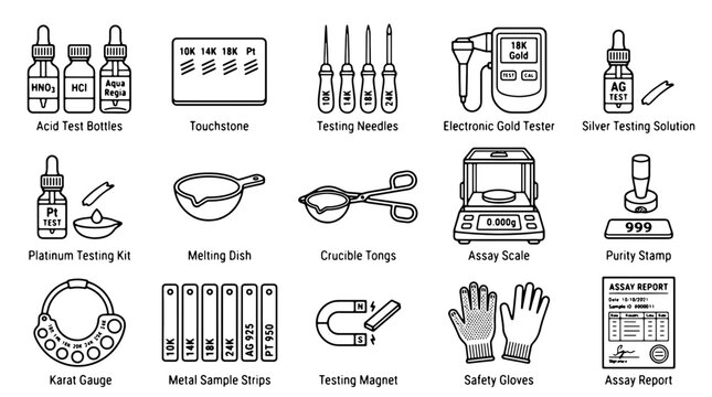Gold and silver testing equipment icons, 15 jewelry assay tool vectors, professional metal purity analysis kit, precious metal valuation set