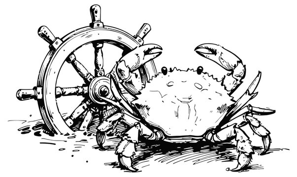 Blue crab holding ship steering wheel marine crustacean ocean navigation concept sketch