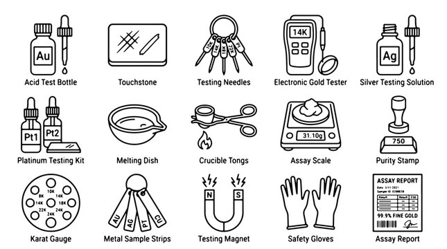 Gold and silver testing equipment icons, 15 precious metal assay tools, jewelry appraisal and metal purity verification kit