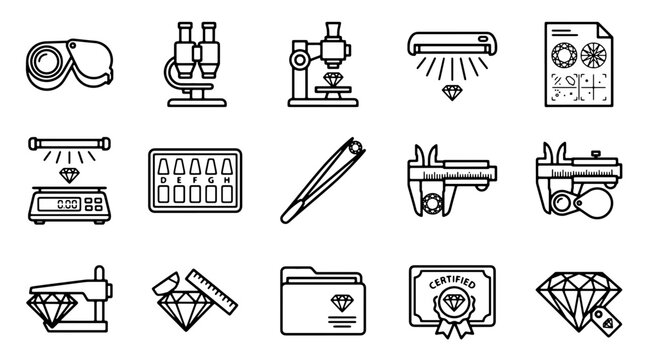 Professional jewelry appraisal icons, 15 gemology equipment line vectors, diamond grading and certification tools for jewelry business