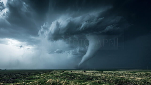 Powerful tornado funnel cloud rotating over open rural agricultural fields during extreme weather event.