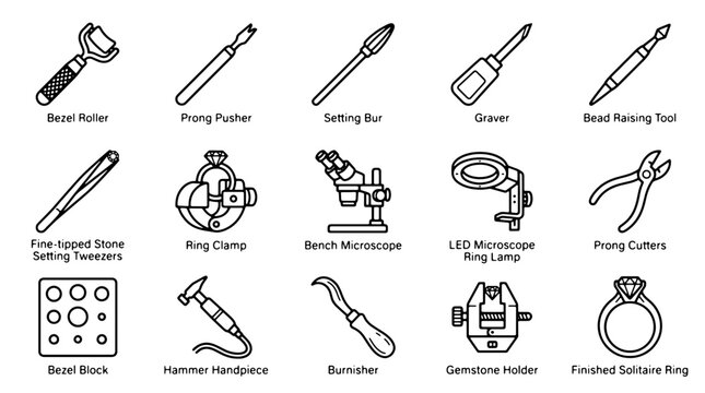 Jewelry making tools icon set, 15 professional goldsmith equipment line icons, jewelry workshop bench tools vector