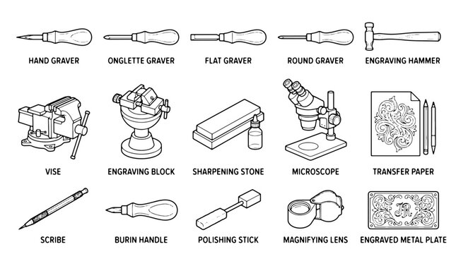 Vintage engraving tools collection, professional jeweler equipment set with 15 line icons, hand graver and burin vector illustrations