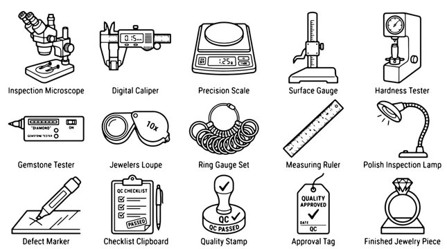 Jewelry inspection tool icons, 15 professional gemology equipment vectors, quality control and laboratory testing symbols