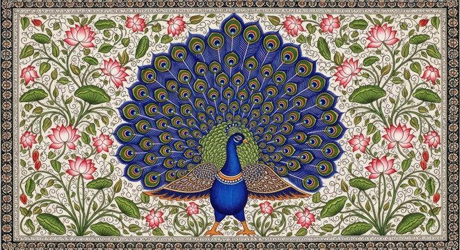 Exquisite Peacock Displaying Vibrant Plumage Amidst Floral Garden.