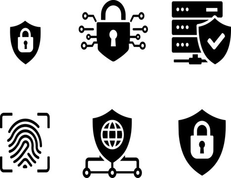 A set of six black and white vector icons depicting various security and protection symbols