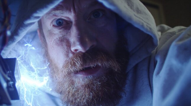 Close up of a shocked man with red beard looking at an electrical spark. Male technician startled by short circuit hazard. Danger and safety concept