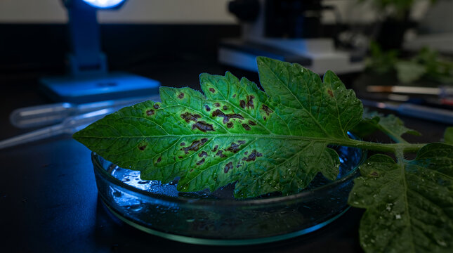 Leaf with damage observed under microscope in laboratory setting