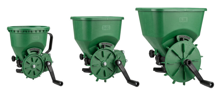 Hand Crank Seed Spreader Set Green Plastic Fertilizer Spreader Tools for Gardening Lawn Care Sowing Agriculture Equipment 1.5L 3L 5L Capacity Isolated on Black Background Outdoor Yard Work Equipment