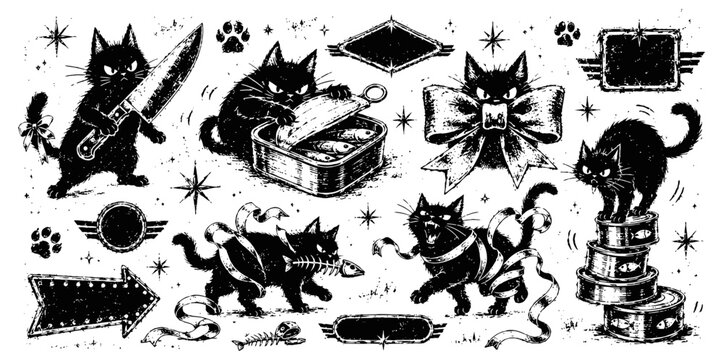 Black cats playing with ribbons and books cute halloween spooky kittens in various playful poses with stars and paws