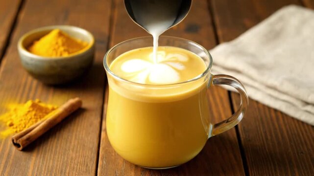 How to pour milk to create a beautiful froth on a healthy golden milk turmeric latte