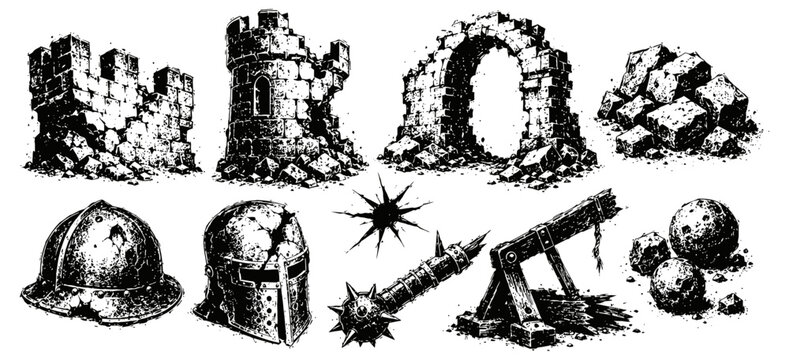 medieval weapons and fortifications collection castle towers, helmets, battering ram, catapult, cannonballs, and mace
