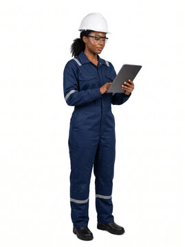 Young Black American female industrial professional in navy blue coverall inspecting a tablet with helmet and safety glasses isolated on white workwear