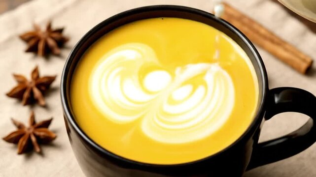 Healthy organic golden milk turmeric latte froth pour with latte art and star anise spices on cloth
