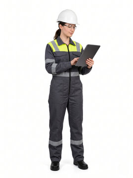Young white female industrial professional in charcoal gray hi vis coverall inspecting a tablet with helmet and safety glasses isolated on white background