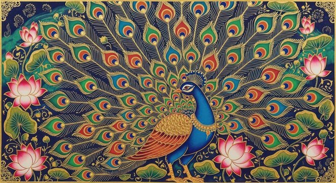 Exquisite Peacock Displaying Vibrant Plumage Amidst Lotus Flowers.