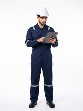 Handsome East Asian male industrial professional in deep navy blue coverall inspecting tablet with helmet and safety glasses isolated on white