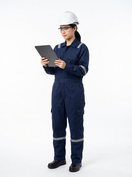 East Asian female industrial professional in deep navy blue coverall inspecting tablet with helmet and safety glasses isolated on white