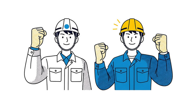 Hard hat safety helmet Two motivated Japanese construction workers in uniforms wearing hard hats and safety helmets with clenched fists showing