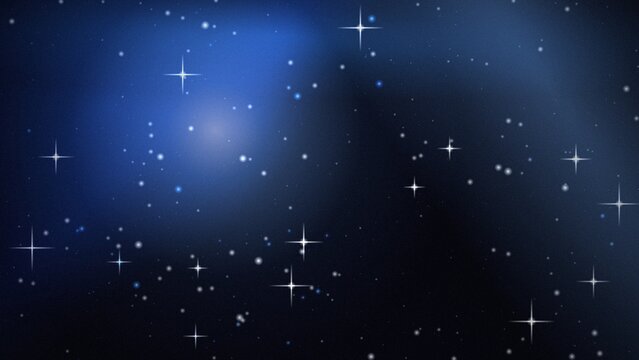 Deep blue space with glowing star clusters and radiant four-pointed stars in a vast cosmic nebula
