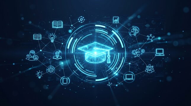 Digital concept of online education featuring a glowing mortarboard cap icon surrounded by various interconnected technology and learning symbols on a dark background