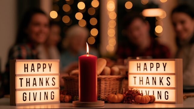 Warm Thanksgiving Gathering with Glowing Candle and Happy Thanks Sign