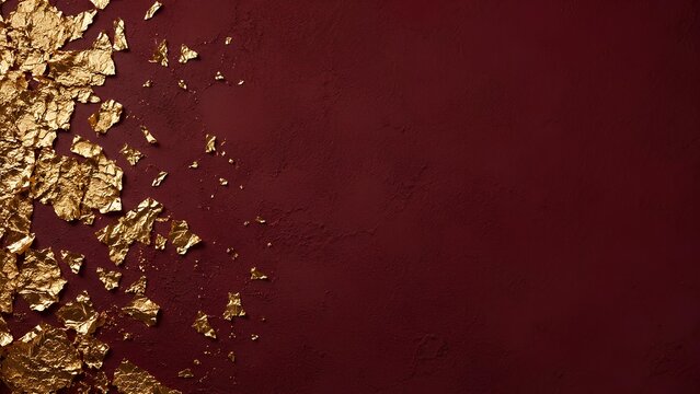 赤色の質感ある壁に散らばる金箔の輝き / Brilliance of gold leaf scattered on red textured wall (Generative AI)