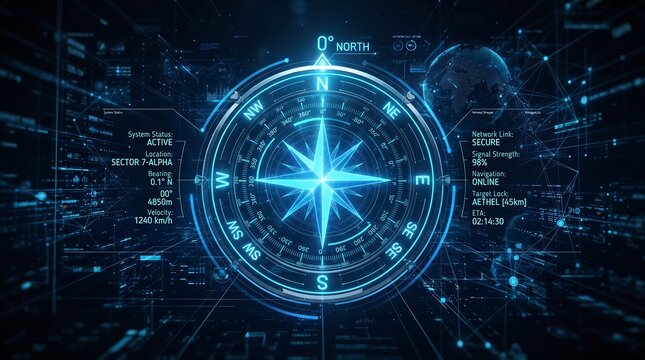Futuristic digital compass interface with glowing blue holographic navigation elements data overlays and network connections representing advanced global positioning and mapping technology